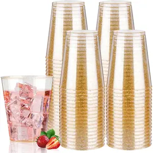 10 oz 100 PCS Gold Glitter Plastic Cups, Disposable Glitter Cups, Elegant Plastic Cocktail Glasses, Fancy Party Cups for Wedding, Birthday, Holiday