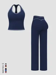 Women's Quick-Dry Striped Trim Sports Tank Top & High-Waist Vintage Straight-Leg Pants, Casual Outdoor Sportswear Set, Athleisure Wear Set, Sport Outfits for Gym, Yoga and Fitness