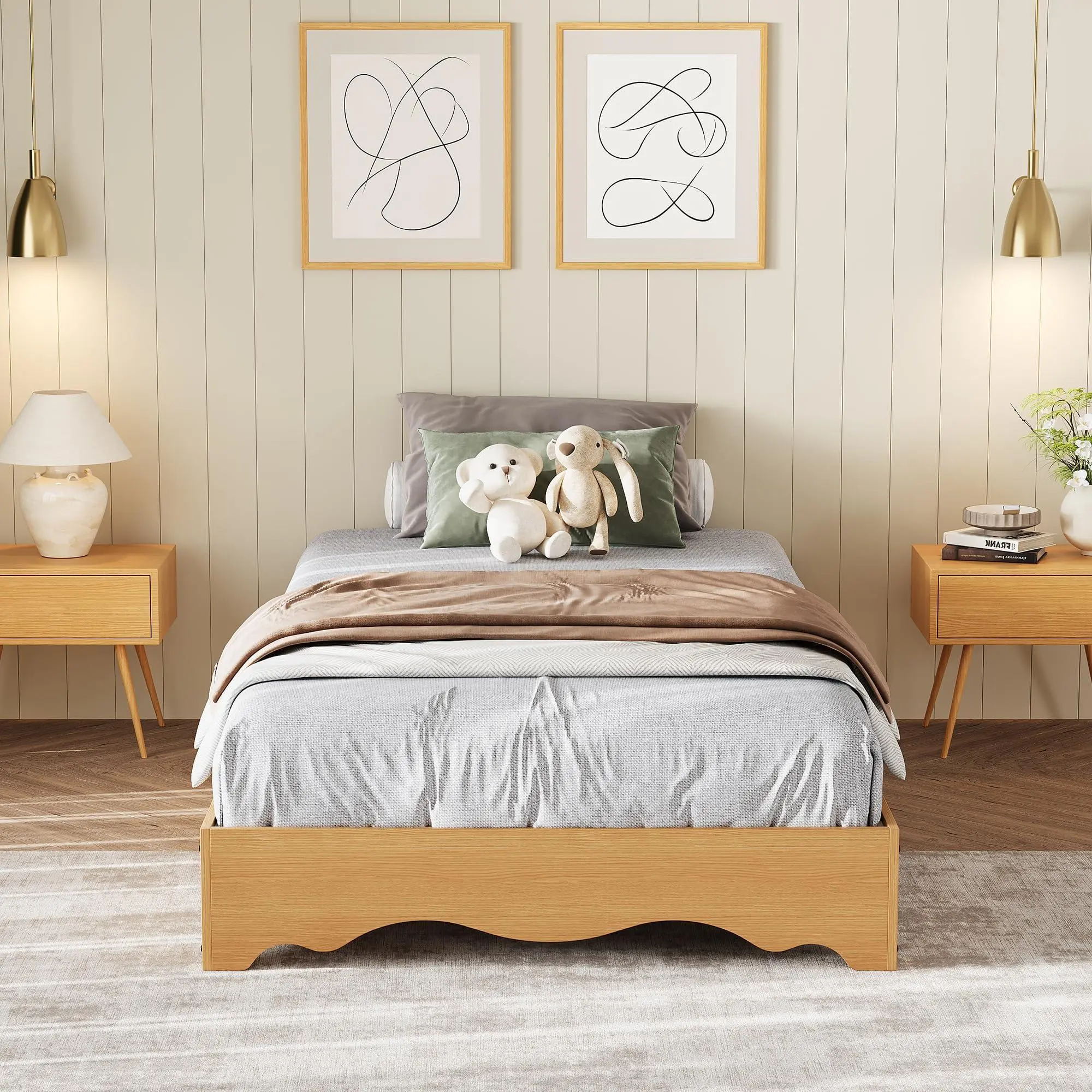 Twin XL Wood Platform Bed Frame, Low-Profile Bed Base with Wavy Wood Design, Headboardless Minimalist Bed, Noise-Free Slat Support, No Box Spring Required