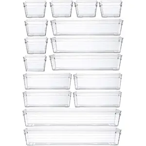 16Pcs Kitchen Drawer Organizer Clear Plastic Desk Drawer Organizers Tray for Makeup, Kitchen Utensils and Gadgets Boxes Cabinet