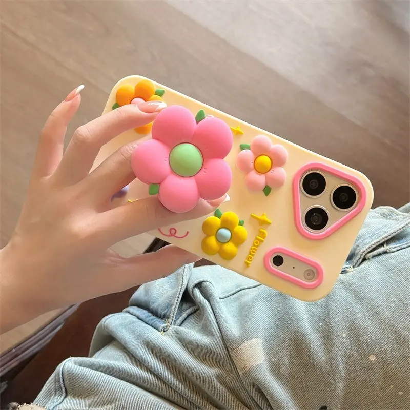 Silicone three-dimensional colorful flower retractable stand phone case Cover is suitable for  12 13 14 15 16 17 Pro Max Phone Shell