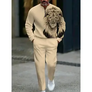 European and American men’s two-piece khaki sports set (lion print) | semi-open-neck sweatshirt, animal print | skin-friendly soft fabric, comfortable and skin-friendly | suitable for daily and weekend wear, casual and fashionable style