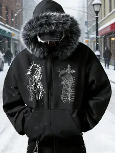 Gothic Cross Zipper Hoodie, Fuzzy Collar Print Hoodie, Unisex Dark Style, American Streetwear, Trendy Skateboard Design