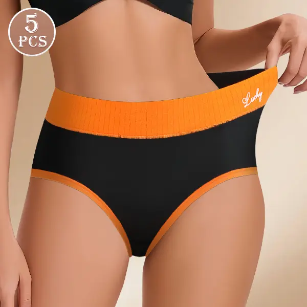 5PCS High Elasticity Mid-waisted Underwear,  second skin brief,Breathable & Contrast Color Briefs, Comfortable Soft Stretch Panties, Multicolor Sport Briefs for Womens Daily Wear, S-XXL
