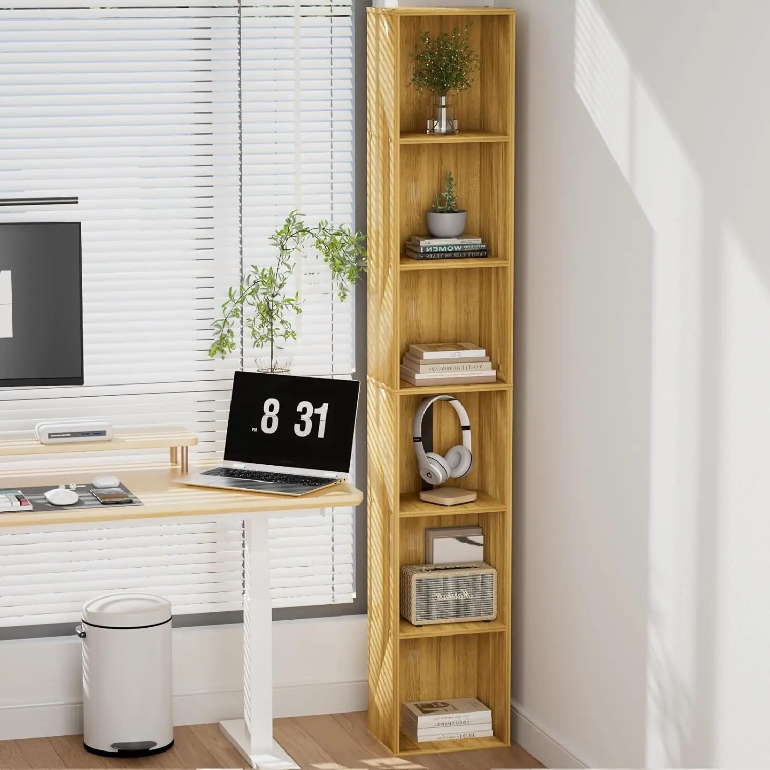 Tall Narrow Bookshelf 6-Tier Bookcase,70.5" Skinny Thin Corner Shelf Slim Storage Cabinet, DVD CD Media Cube Organizer Tower Rack for Small Spaces, Bedroom, Living Room, Office,