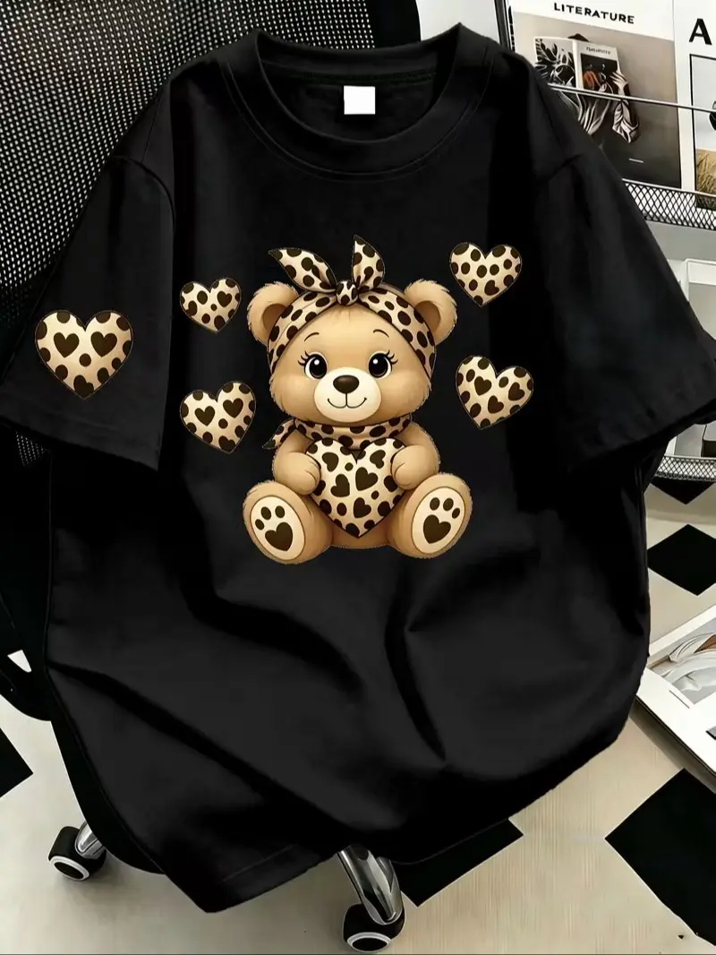 Leopard Print Bow Bear Holding Heart Graphic Cotton T-Shirt, Cute Leopard Hearts Sleeve Print Casual Short Sleeve Tee