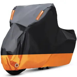 Motorcycle Cover, All Weather Outdoor Protection Waterproof Cover with Locking Holes and Storage Bag, Fit up to 86-116 Inch Vehicle Covers（Black&Orange)