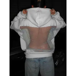 Sisterlinda Women's Oversized Hooded Harajuku Sweatshirt Autumn Trend Backless Glitter Mesh Patchwork Casual Streetwear Hipster Pullover White Long Sleeve Floral Tops