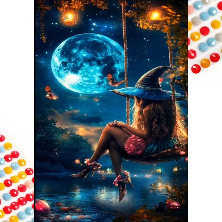 5D DIY Full Drill Round Diamond Painting Kit - Moon, Galaxy, Girl, Swing Mosaic, Canvas - DIY Decorative Painting, Home Wall Decor, Suitable for Halloween, Christmas, Birthday, and Anniversary Gifts