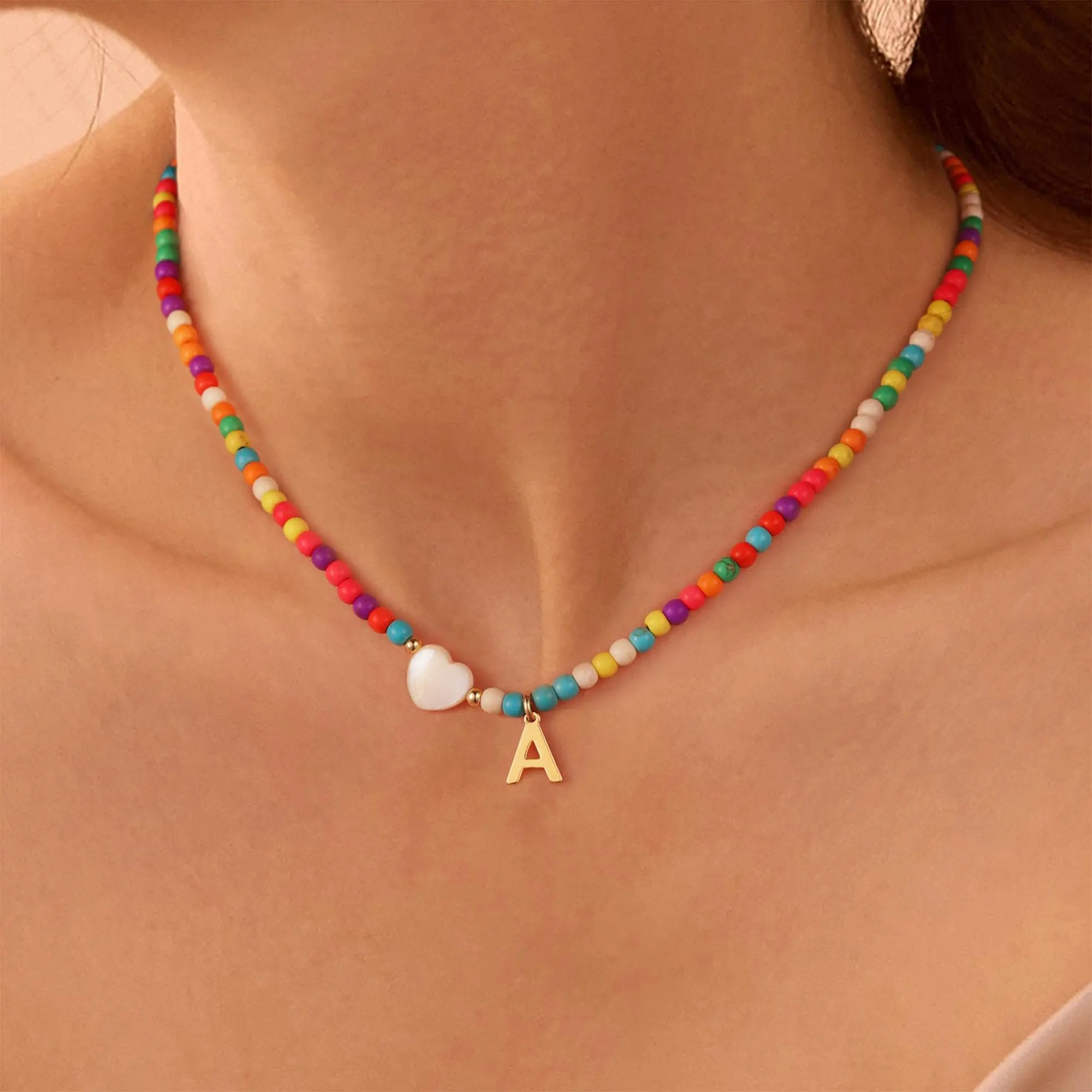 Women's Colorful Beaded Initial Necklace - Adjustable Dainty Candy-Like Bead Choker, Personalized Name Pendant, Summer Fashion Costume Jewelry, Birthday Gifts, Initial Necklaces, Bead Necklaces