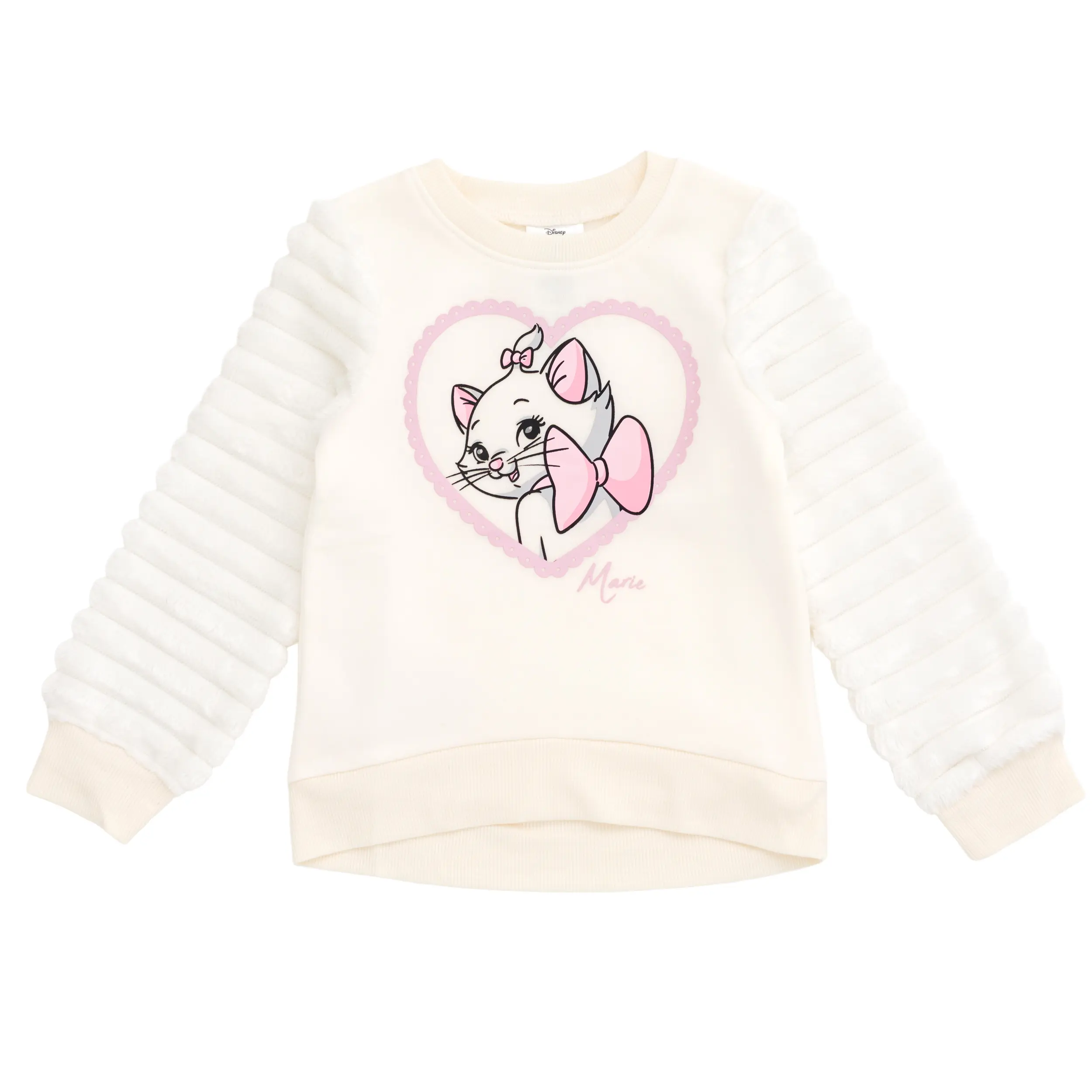 Disney The Aristocats Marie Girls' Solid Round Neck Long Sleeve Ribbed Knit Graphic Pullover, Cream, Toddler (3t-4t) to Big Kid, Puff Shoulders, Cozy Wear, Plush Sleeves, Faux Fur Arms, Character Graphic Girls' Hoodies & Sweatshirts, Long Sleeve Shirt, Sc