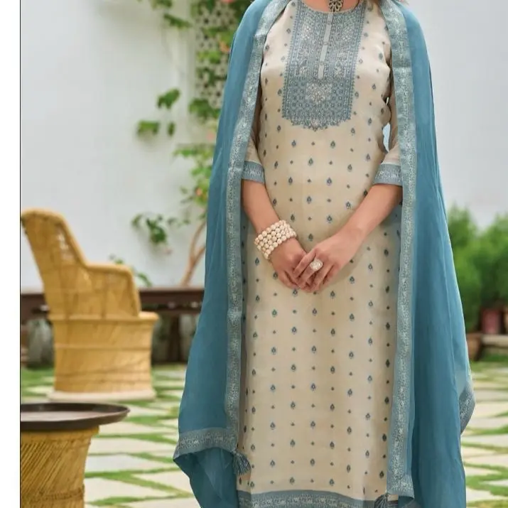 Chanderi Silk Suit with Lace Neck Dupatta - Elegant Cream and Blue Embroidered Kurta Set for Women