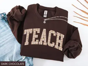 Teacher Fall Gildan Sweatshirt, Cute Autumn Teacher Sweater, Gingham Fall Teach Crewneck, Cozy Fall Classroom Pullover, Trendy Fall Teacher Outfit