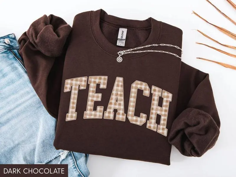Teacher Fall Gildan Sweatshirt, Cute Autumn Teacher Sweater, Gingham Fall Teach Crewneck, Cozy Fall Classroom Pullover, Trendy Fall Teacher Outfit