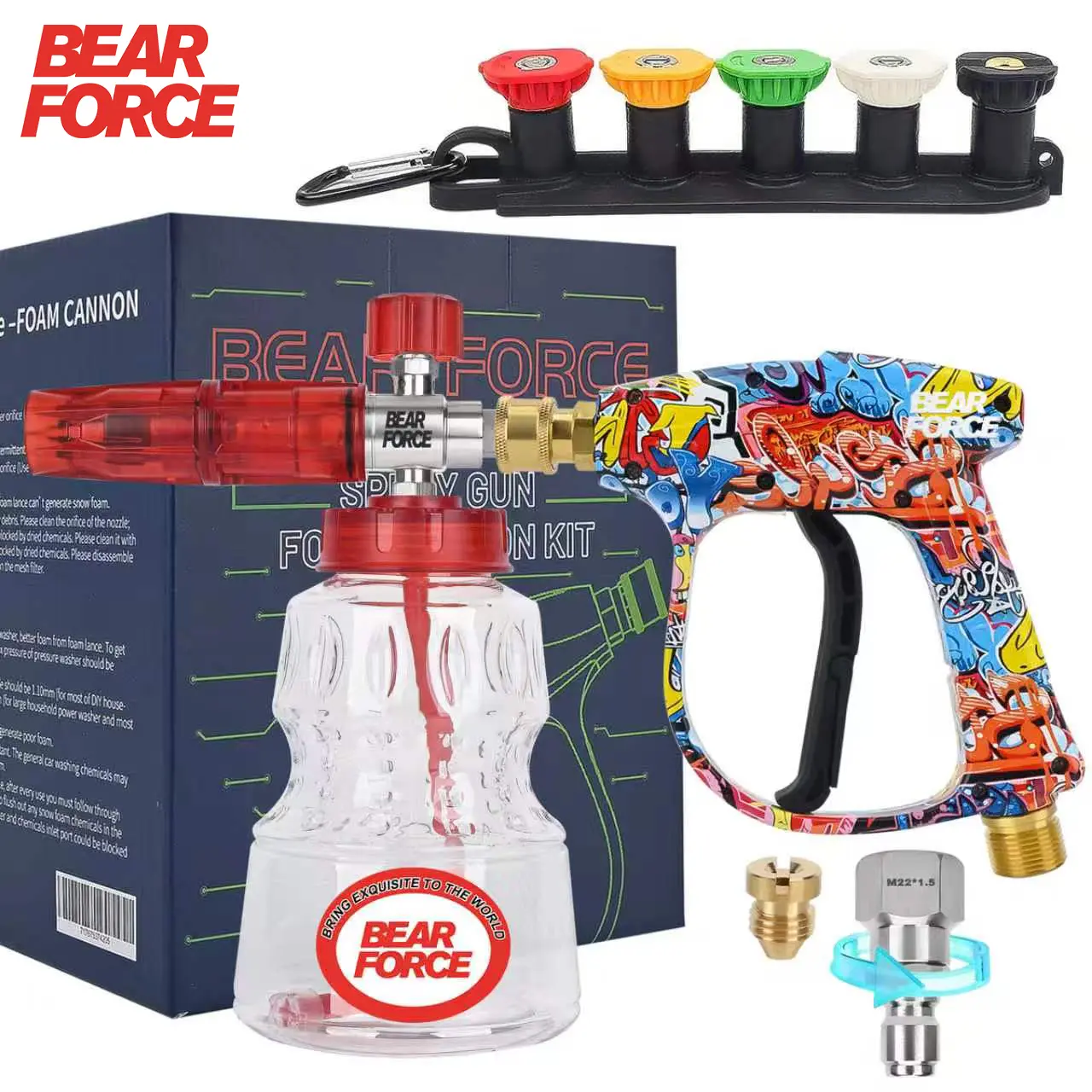 BEAR FORCE High Pressure Washer Foam Cannon Kit 3000PSI, FOR PRESSURE WASHER, Spray Gun Power Washer Short Handheld with M22 Inlet-14mm & Foam Cannon 1L with 5 Tips & 3/8'' Quick Connector, Snow Foam Lance, Car Washing, Not for Garden Hose