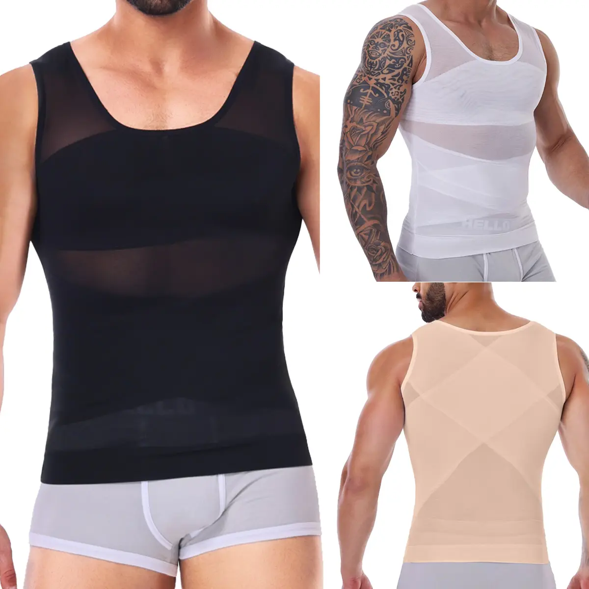 5 Pack Menswear Body Shaper Shapewear Vest Tummy Control Compression Tank Top Underwear Lightweight Sports Workout Stretchy Breathable Shirt Plain Undershirt Fabric Bestie