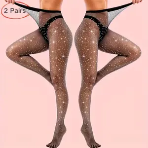 2-Pack Women's Hotfix Rhinestone Fishnet Socks Set, Hollow High-Waist Shiny Rhinestone Fishnet Stockings, Women's Closed-Toe Sexy Tights, Anti-Snag Black Brown Beige Rhinestone Fishnet Socks, Women's Pantyhose for Various Occasions, Special