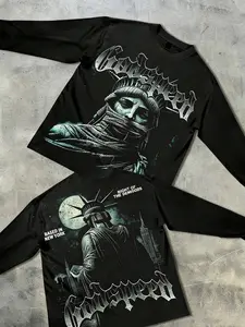 Viral GODSPEED Dark Liberty Statue Graphic Long Sleeve Streetwear T-Shirt | Edgy Aesthetic Y2K Alt Street Style Top | Trendy Oversized Goth Apparel for Teens & Young Adults – Perfect for Casual Outings, Social Media Fits