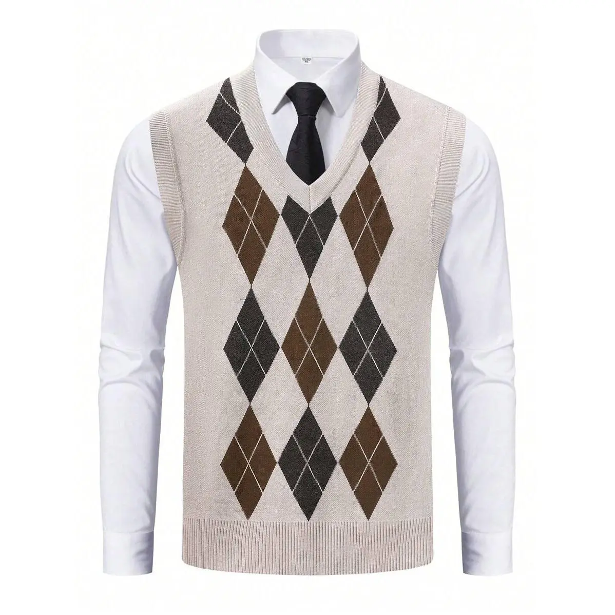 Men's Diamond Pattern Colorblock Knitted Sleeveless Sweater Vest, Casual V-Neck Undershirt For Daily Wear, Outdoor Activities And Festivals Dress Evening Fabric Hem Menswear Polyester Print Pullover Stretch Tops Beige