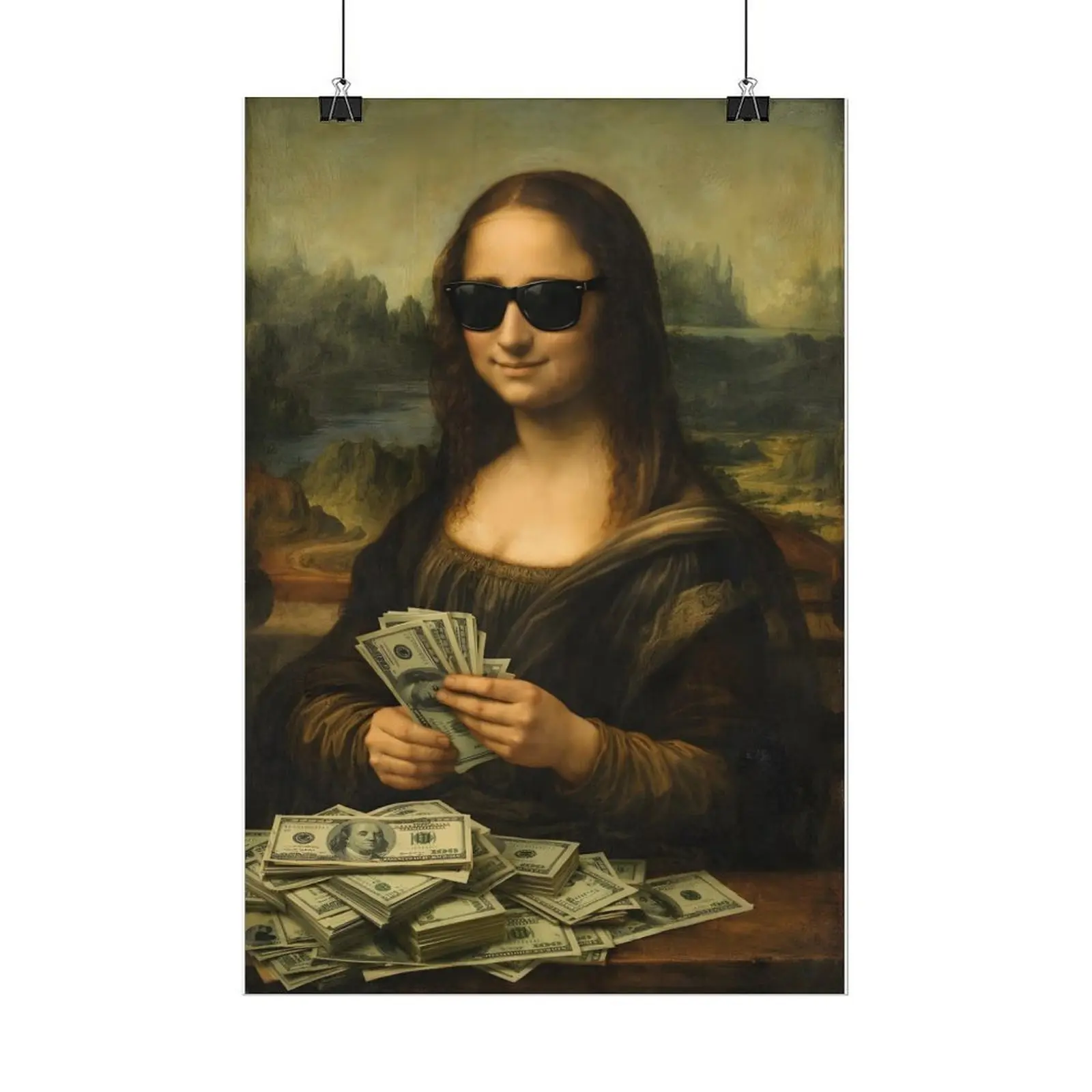 "Money Lisa" Funny Mona Lisa Holding Money Wall Art | Cool Spoof Masterpiece Canvas Poster | Eco-Friendly Ink High Quality | black  Frame or Unframed Print Poster for Office Decor