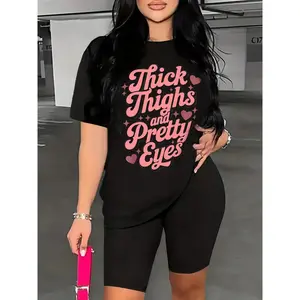 Women'S Plus Size Women'S Clothing Set Thick Legs And Pretty Eyes Black Crew Neck, Casual Sports, Machine Washable, Suitable for All Seasons short-sleeve dad funny father day t-shirt letter print short sleeve t-shirt