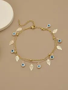 Women's Evil Eye Anklet, Dual Layer Leaf Pendant Ankle Bracelet, Bohemian Beach Foot Jewelry, Blue Evil Eye Summer Anklet Gift