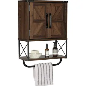 Farmhouse Rustic Medicine Cabinet with Two Barn Wall Mounted Storage Cabinet with Adjustable Shelf and Towel Bar, 3-Tier Cabinet for Walnut