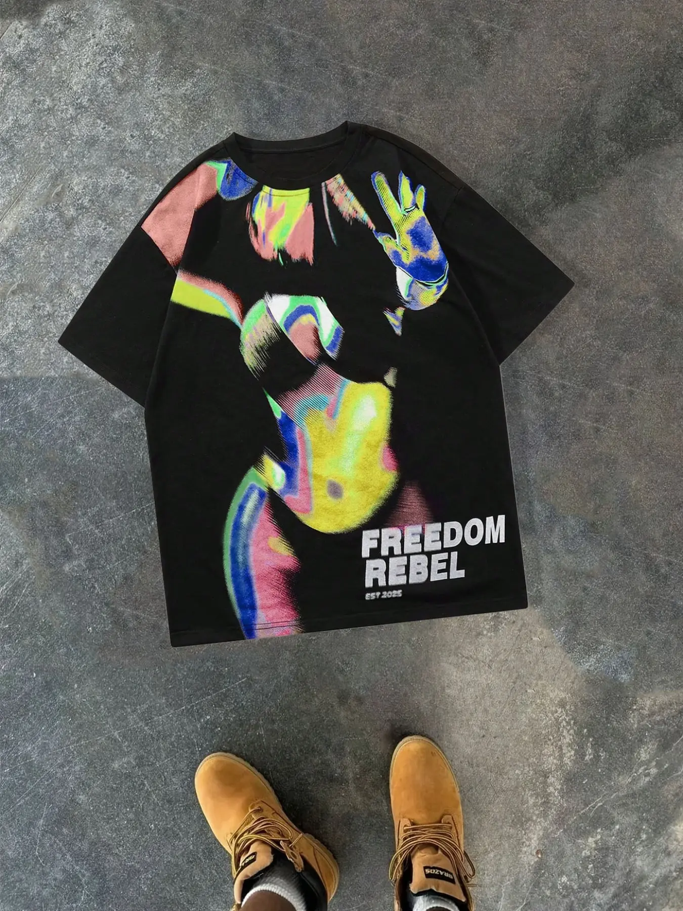 Men's Black Abstract Glitch Graphic T-Shirt, "FREEDOM REBEL" Y2K Streetwear Casual Tee