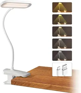 Desk Lamp with Clamp, Portable Cordless Rechargeable Clip on Reading Light, Eye-Caring LED Dorm Bunk Bed Light, 5 Colors 5 Brightness Flexible Neck Architect Lamp for Studying Crafting (White)
