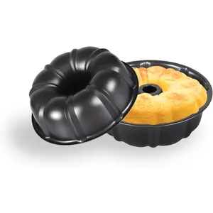 9.5" Non-stick Fluted Cake Pan 2 Pack, Heavy Duty Carbon Steel Round Baking Pans for Baking Pound Cakes, Black