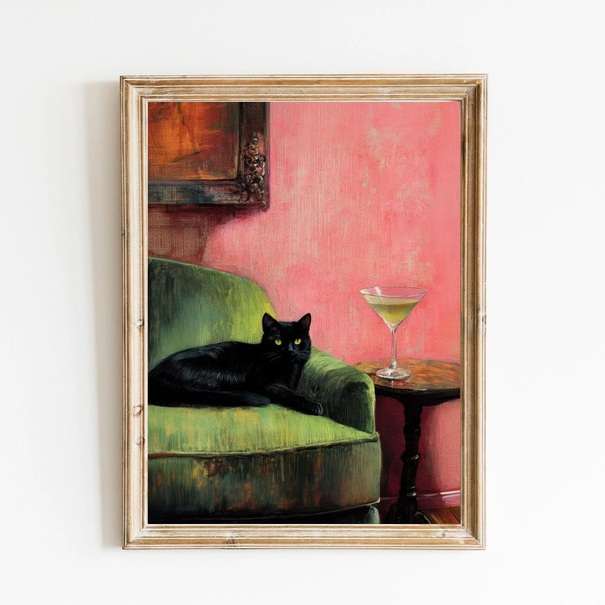 Black Cat with Chartreuse Martini Art on Green Sofa Print, Cute Quirky Whimsical Art Bar Cart Decor, Trendy Home Decoration
