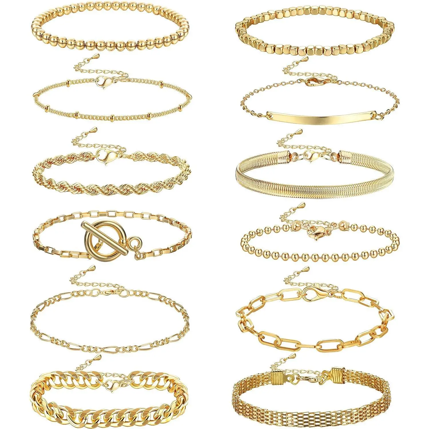 CASSIECA Women's 12-Count Artificial Gemstone Link Chain Bracelets Set - Boho Stackable Paperclip, Cuban Cuff, Beaded Styles, Adjustable Bangle, Lead-Free Layered Design for Daily Wear, Bangles