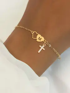 Women's Stainless Steel Chain Letter Bracelet, Casual Style Zircon Cross Double Heart Design, All Season Fashion Accessory