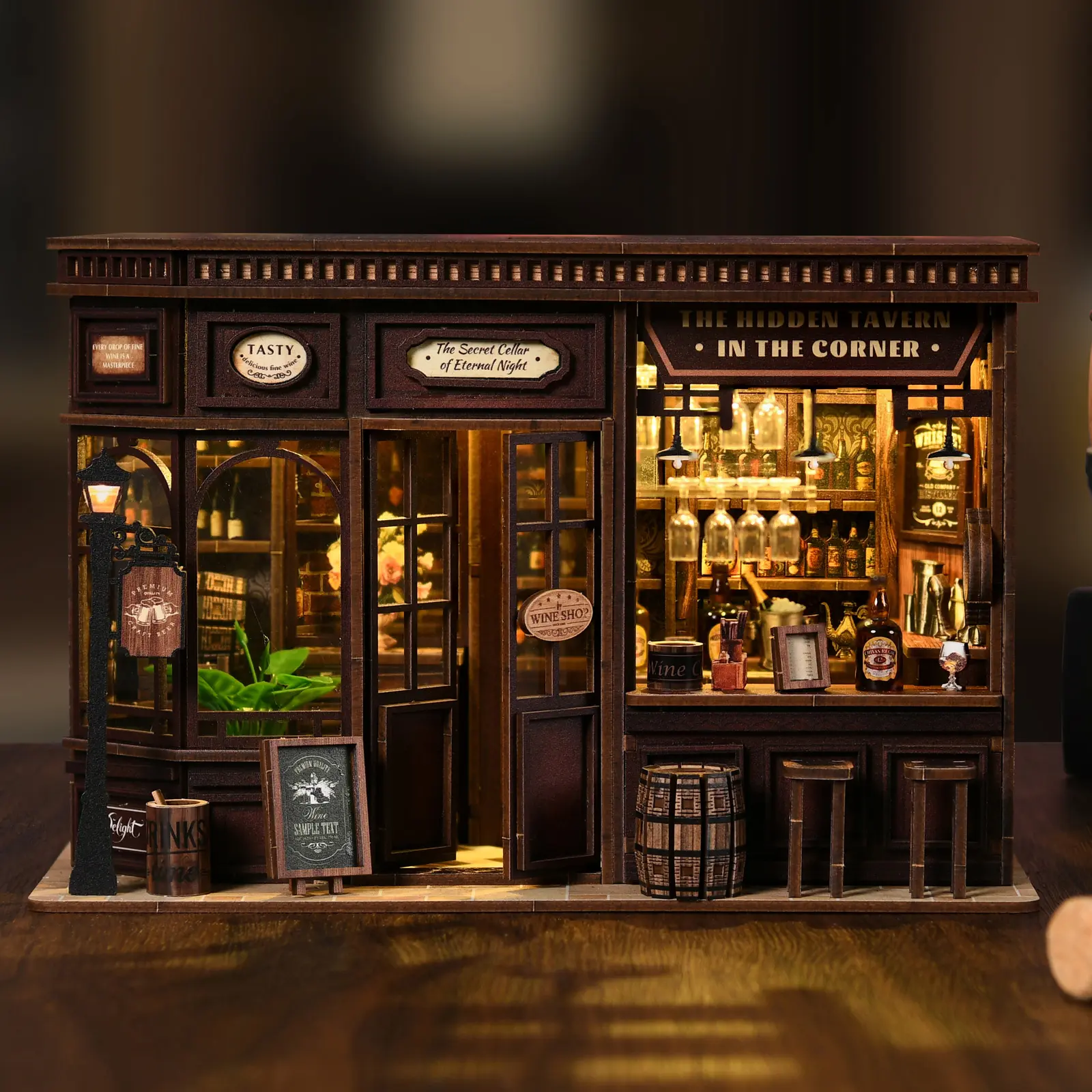 DIY Mini House Corner Tavern Kit, Miniature Dollhouse with LED Light, Wooden Puzzle Book Nook Style, 3D Miniature Bar Scene Decor Gift