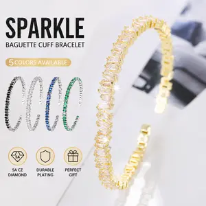 Sparkling Baguette Zircon Open Cuff Bracelet for Women – Adjustable Gold Plated Crystal Bangle, Fashion Wedding Party Jewelry Gift  ideal mother day gift Trendy Teen Girls Bracelets Set