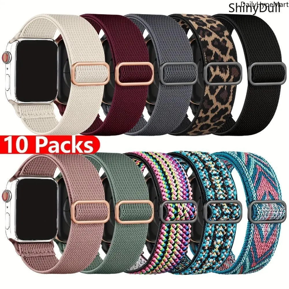 10-Pack Elastic Nylon Apple Watch Bands, Braided Solo Loop Strap 38-49mm Series 1-9 SE Ultra