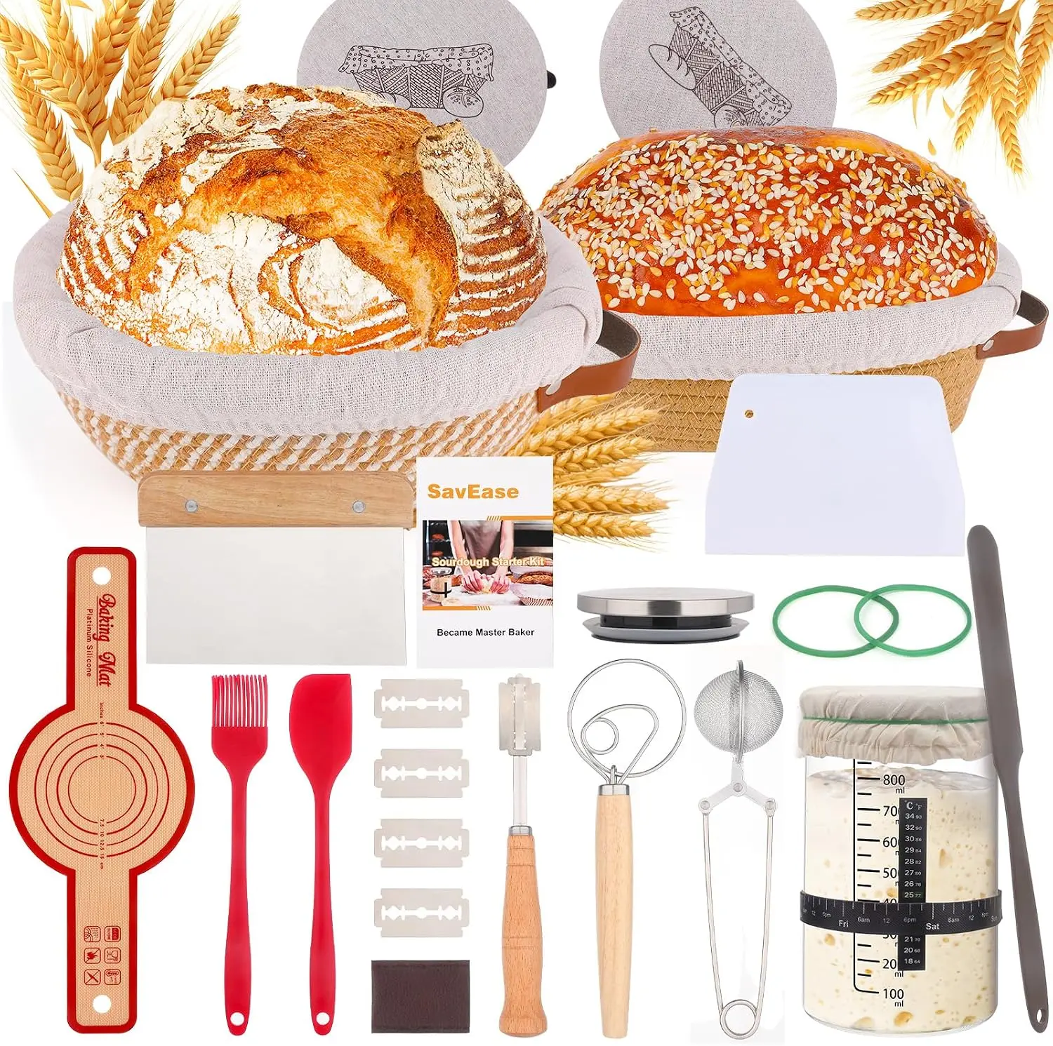 Sourdough Starter Bakeware Kit - Round & Oval Banneton Proofing Baskets, Bread Sling, Starter Jar, Dough Whisk, Scrapers, Stencils & Storage Bag, Gift for Bakers