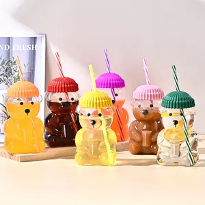 Starbear Cup Adorable Teddy Bear Glass Straw Cup Seasonal Drinkware Coffee & Beverage High Borosilicate Glass Tumbler with Green Lid for 2026 Holiday Collection Mug Shaped Tumblers Bottles Ice Coffee Glass Milk Cup