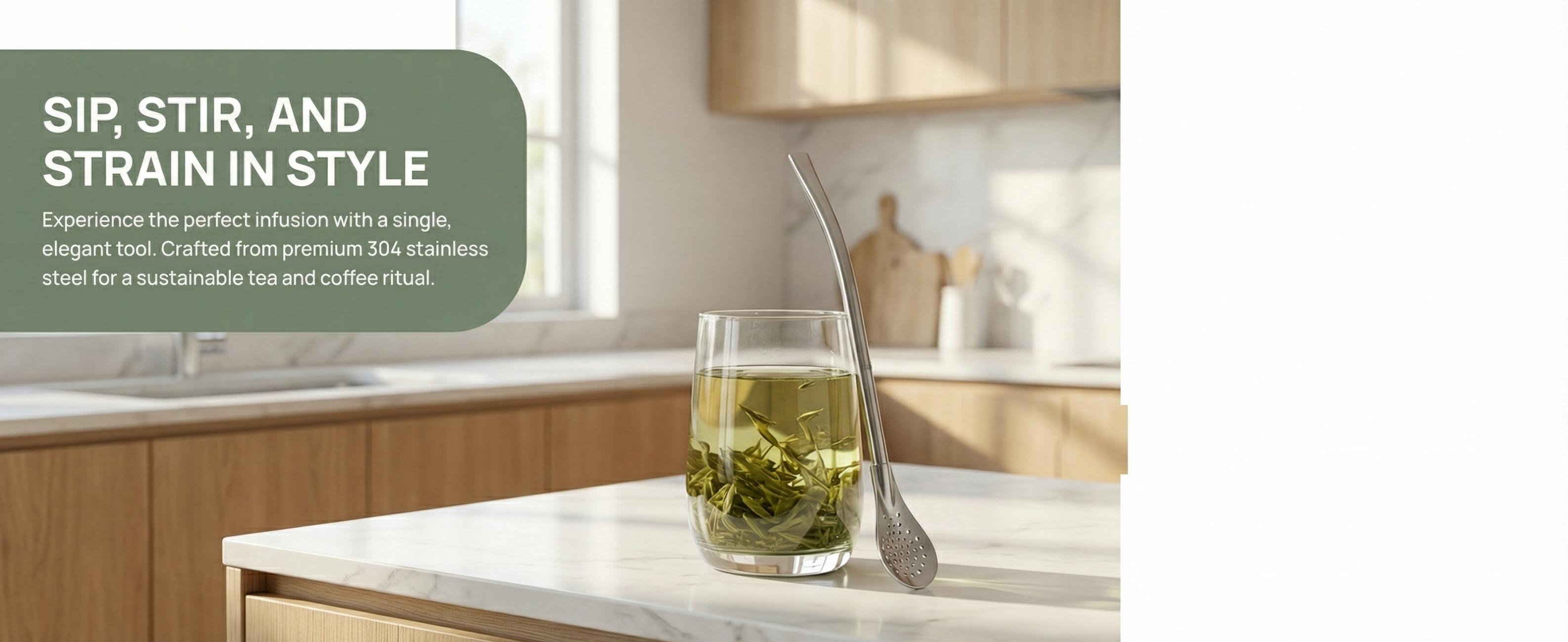 3-in-1 Reusable Tea Filter Straw  | 304 Stainless Steel Stirring Spoon & Straw | Perfect for Loose Leaf Tea, Fruit Tea & Yerba Mate