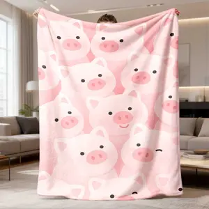 1pc Bohemian Style Flannel Blanket Suitable for - Use - Ultra-Soft Warm Pink Pig Pattern Bedspread, Machine Washable Cozy Bedding for, Sofa, Travel & Camping, Digital Print Design with Pig Design