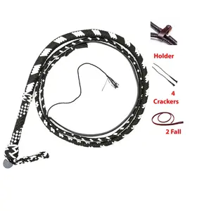 EPT Bull Whip - Black & White Paracord on Leather Bolsters 16 Ply 4ft to 14ft Handmade with Storage Strap & Extra Cracker Replacements