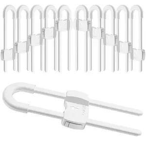 10 pack White 4 Button U-Shaped Adjustable Child Safety Cabinet Drawer Locks for Wardrobe Kitchen Bathroom Drawer Fridge Cupboard Doors Knobs & Handles