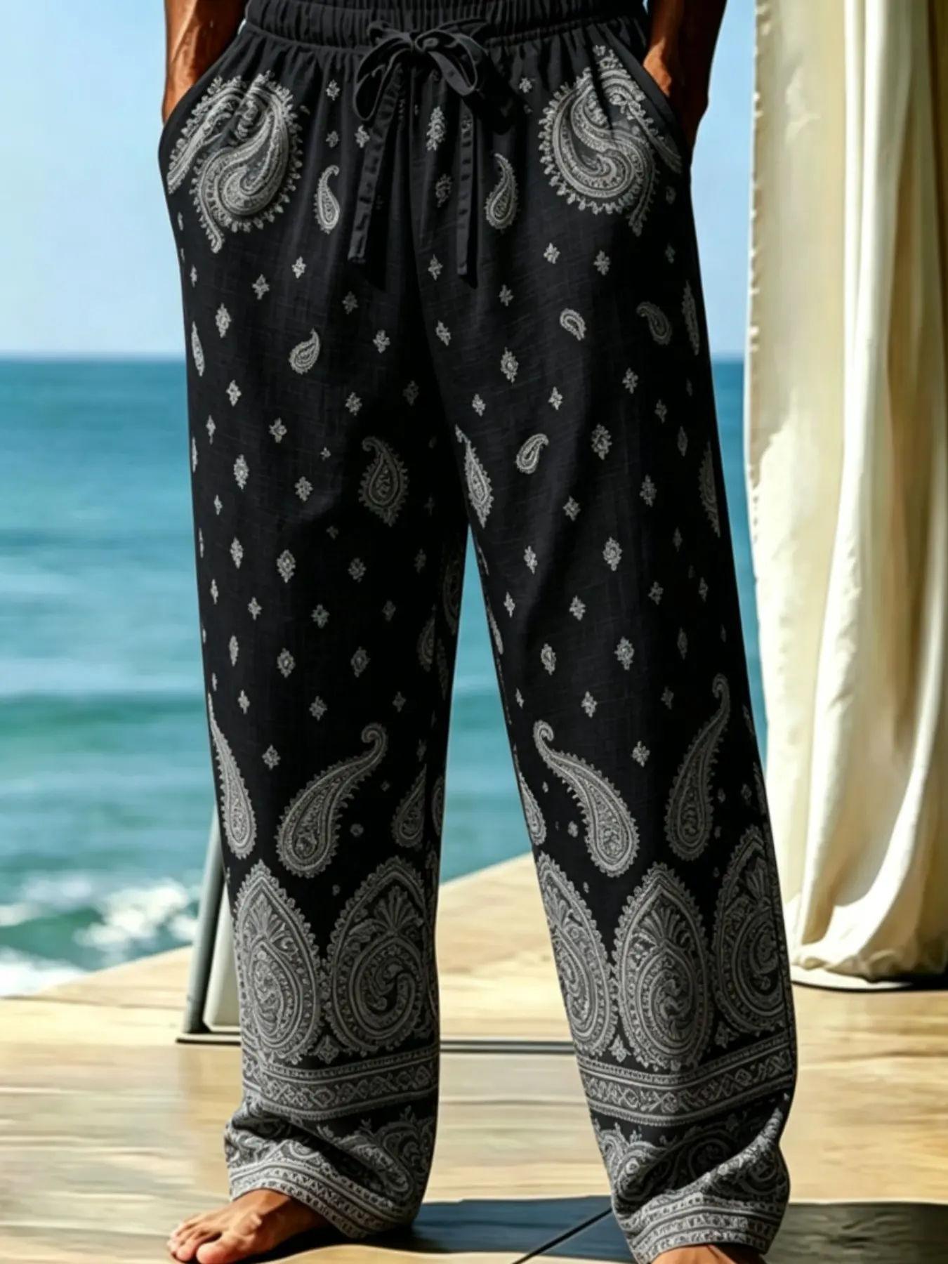 Men's Ethnic Paisley Print Linen Long Length Pants, Loose-Fitting Long Beachwear, Holiday Ready, Casual Festive Holiday Style, All-Season Comfortable Trousers, Casual Bohemian Trousers