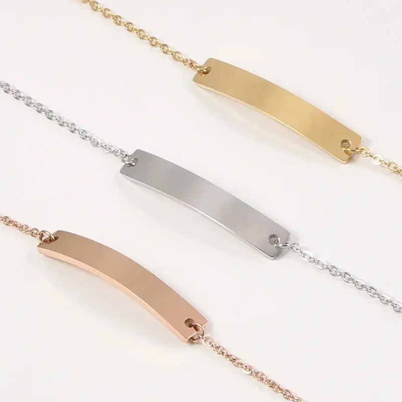 Laser Engraved Personalized Minimalistic Curved Bar Bracelet in Stainless Steel Elegant Design Hypoallergenic Tarnish Resistant