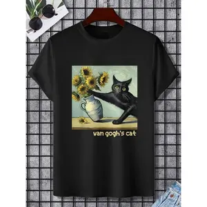 Casual T-shirt Van Gogh Black Cat With Sunflowers Funny Cat Painting Art T-Shirt 100% Cotton Fashion Shirt 180g Heavyweight for Men Women Mom Friends Menswear Top