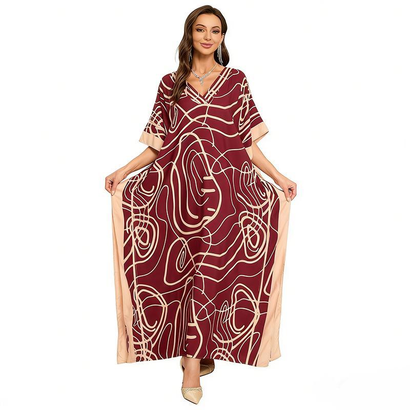 Women's Plus Size Bohemian Viscose Kaftan Dress - V-Neck Batwing Loungewear with Ethnic Prints, Side Slits, Soft Comfortable Breathable Fabric, Chic Elegance, Day Beach Cover Up, Deep V, Casual, Batwing Sleeve