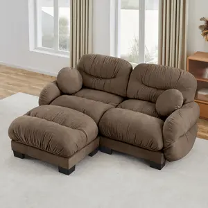 Eyisean 81.8" Chenille Modern Modular Sectional Sofa, Comfy 2-Seater Pleated Wrinkle Design Couch with Ottoman, L/U-Shaped Loveseat Upholstered Sofa with Round Pillow & Curved Armrests, Deep Seat for Living Room