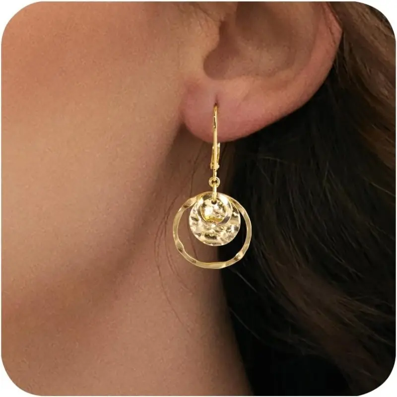 Hammered Disc Dangle Earrings for Women, 14-karat Gold or Silver Plated with 925 Sterling Silver Posts, Elegant Hypoallergenic Leverback Design, Lightweight, Elegant Design, Hammered Texture