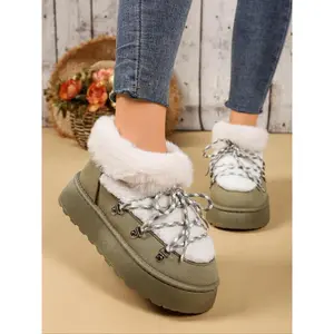 Women's Trendy Faux Fur - Trimmed Lace - Up Platform Snow Boots, Warm Comfortable Outdoor Winter Footwear, Female All - Match Fashionable Casual Shoes for Daily Strolls & Cold Weather, Girl, Stylish Cozy Ankle Booties