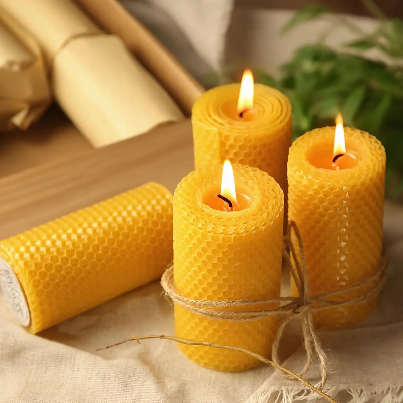 6 Handmade Rolled Beeswax Candles, Honeycomb Pattern Natural Yellow Pillar Candles, Unscented Clean Burning Smokeless Dripless, for Home Decor, Christmas Easter Holiday Decoration, Living Room Bedroom Table Decor & Creating Warm Cozy Relaxing Ambiance